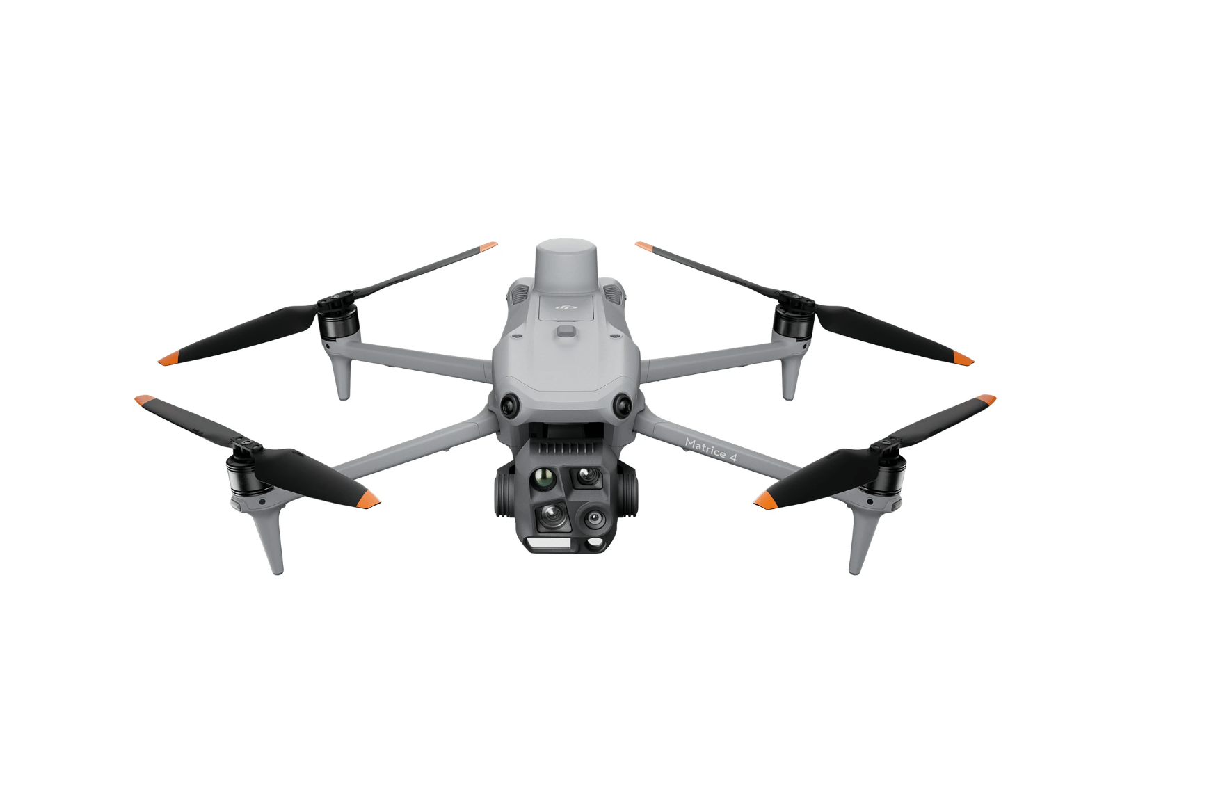DJI Matrice 4T Drohne von vorne mit ausgeklappten Propellern und sichtbarem Kamera-Gimbal