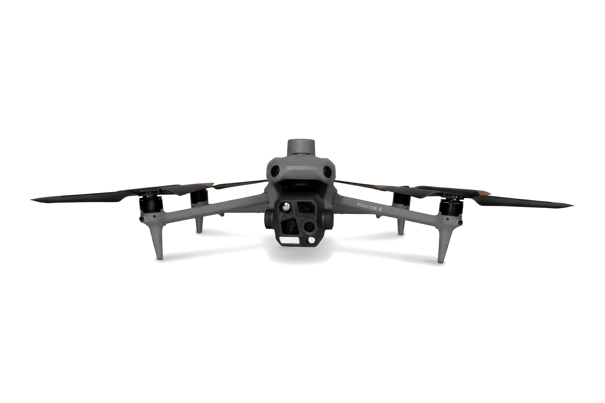 DJI Matrice 4T Drohne von vorne, grau, Kamera-Gimbal mit Weitwinkel-, Wärmebild- und Zoomkamera