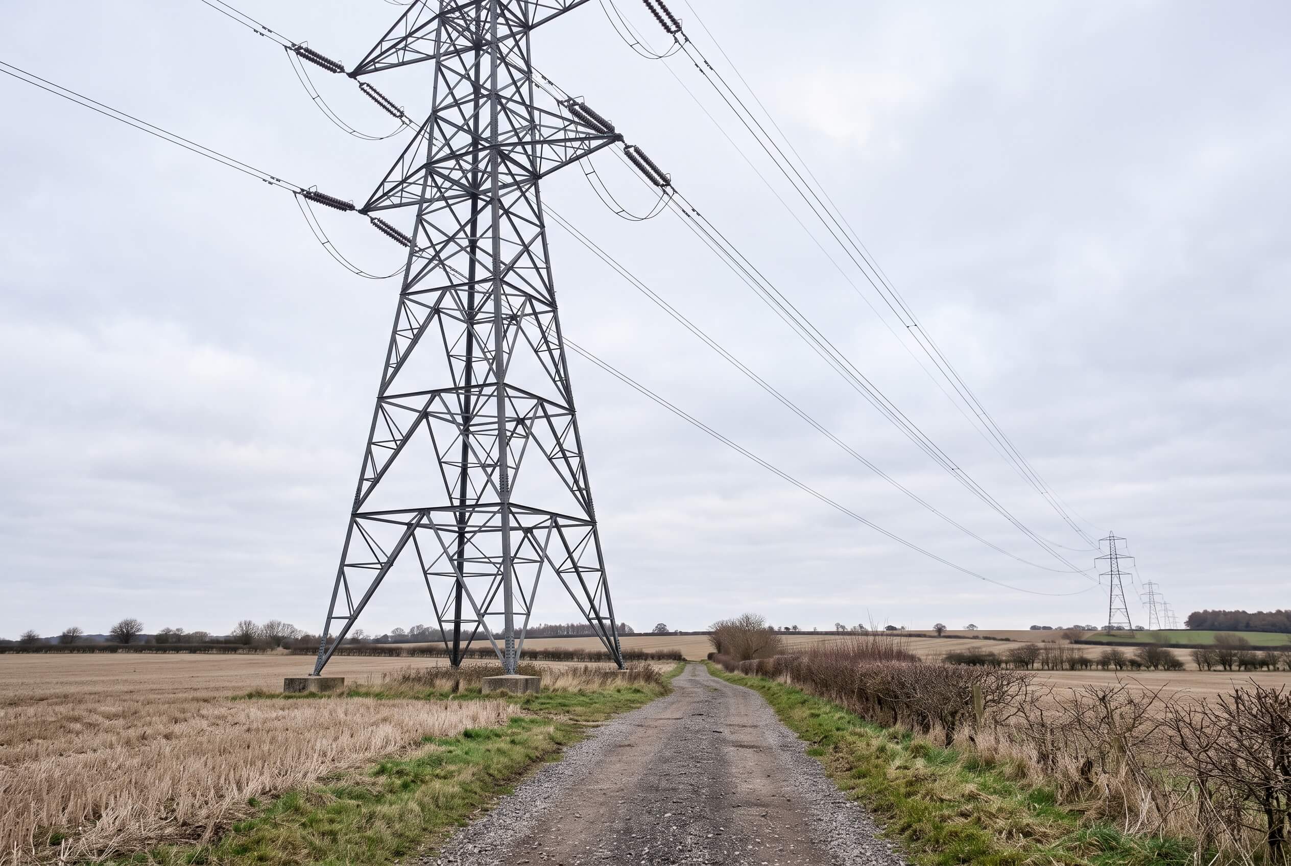 Hochspannungsmast in offenem Feld, Zielobjekt einer Leitungsinspektion