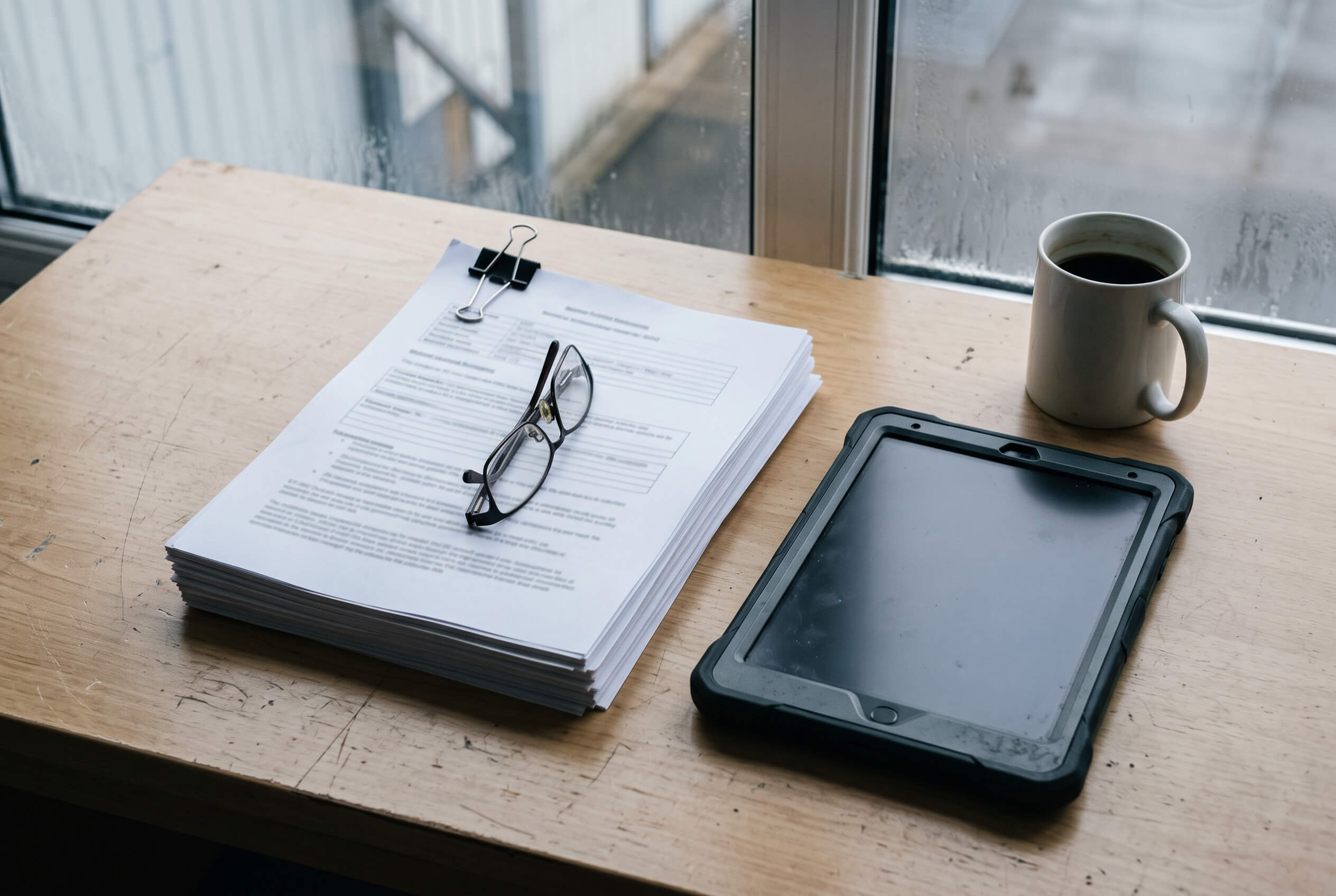 Ausgedruckter Stapel eines Betriebshandbuchs mit Lesebrille und Tablet auf einem Schreibtisch