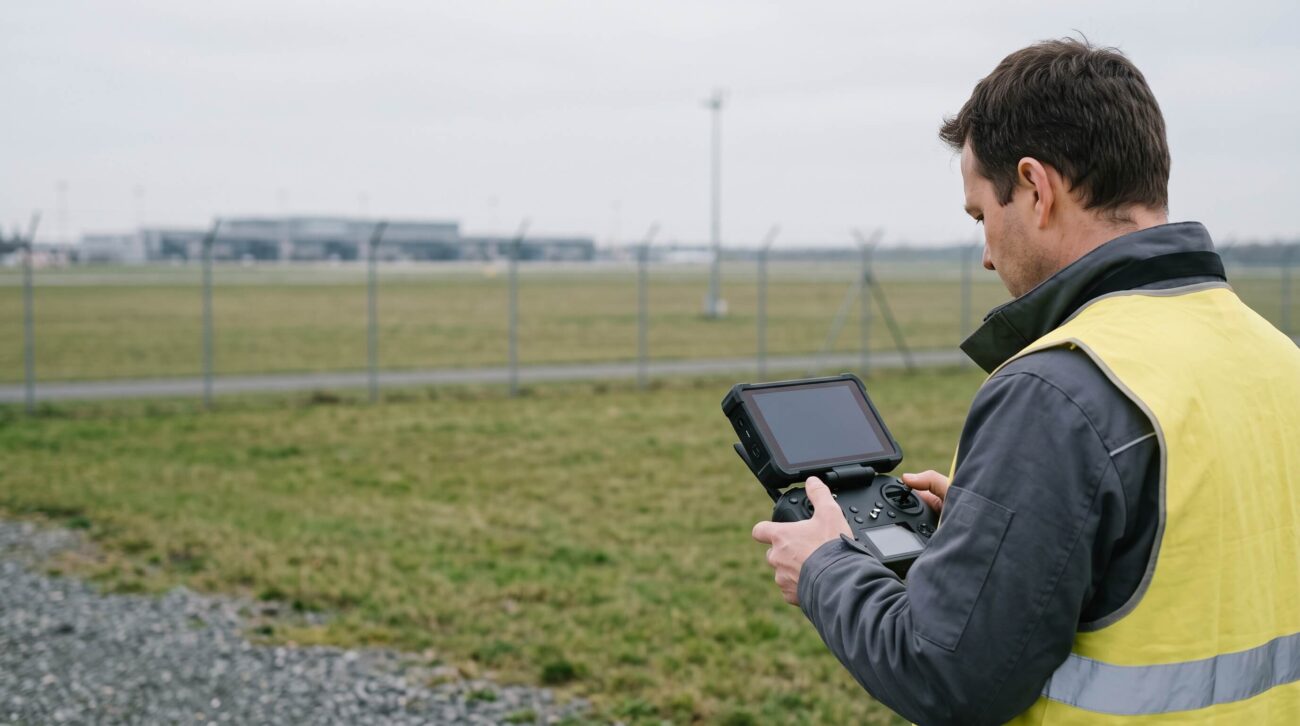 Drohnenpilot mit Fernsteuerung auf einem Feld, im Hintergrund ein Flughafenzaun