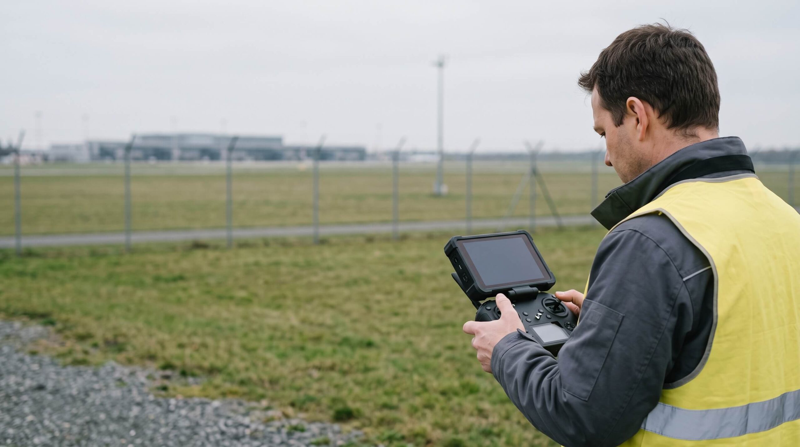 Drohnenpilot mit Fernsteuerung auf einem Feld, im Hintergrund ein Flughafenzaun