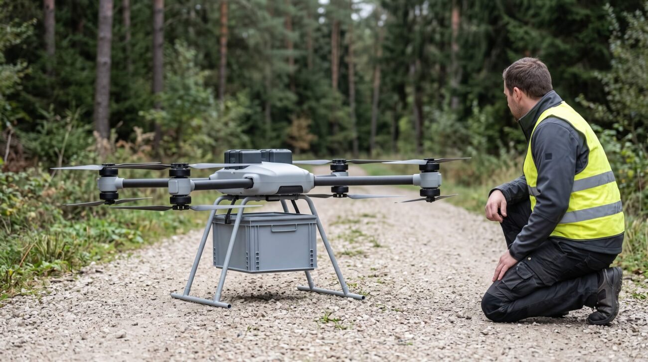 Transportdrohne mit Frachtbox auf einem Waldweg, Techniker prüft die Ladung