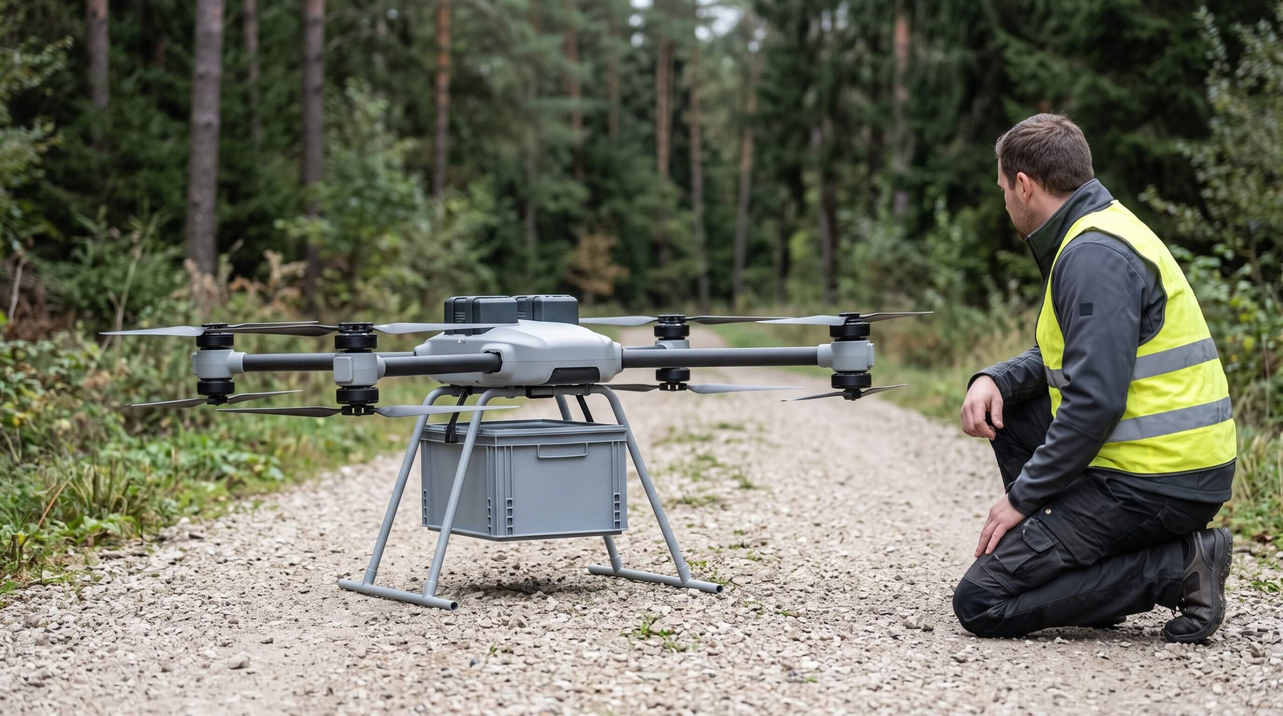 Transportdrohne mit Frachtbox auf einem Waldweg, Techniker prüft die Ladung