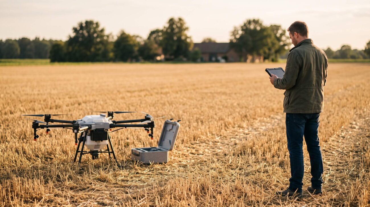 Landwirt mit Tablet wartet neben abgeschalteter Agrardrohne auf einem abgeernteten Feld