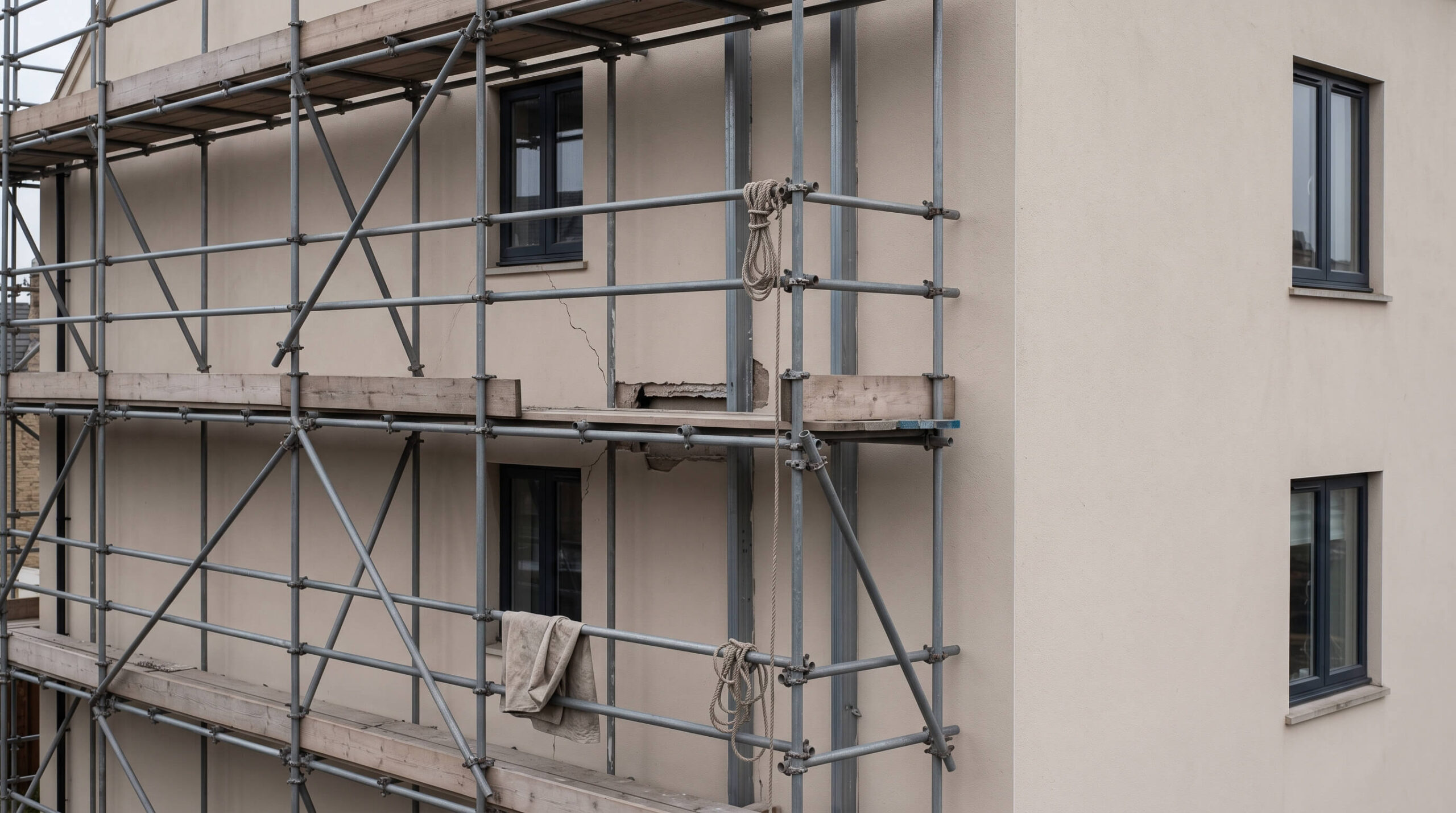 Fassade eines Gebäudes mit Gerüst, Detailansicht