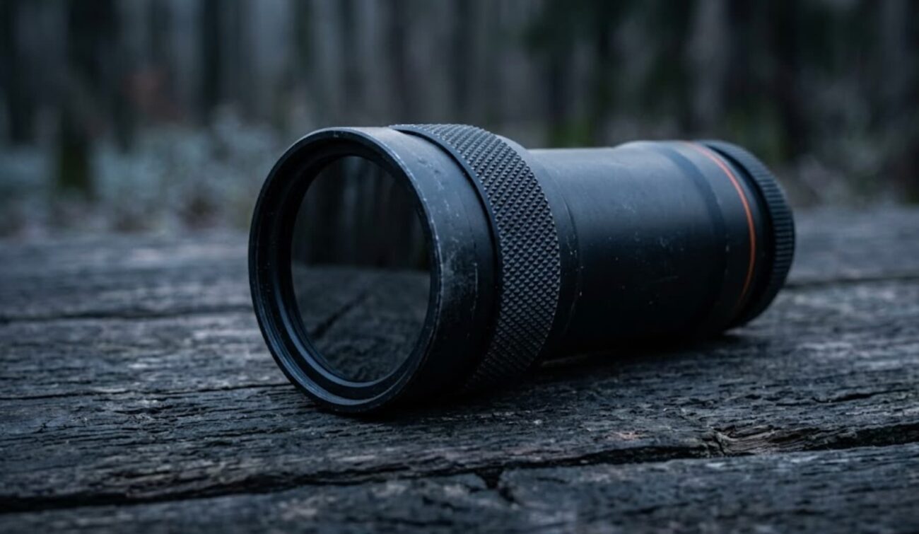 Objektiv eines Wärmebildgeräts auf Holz im Wald