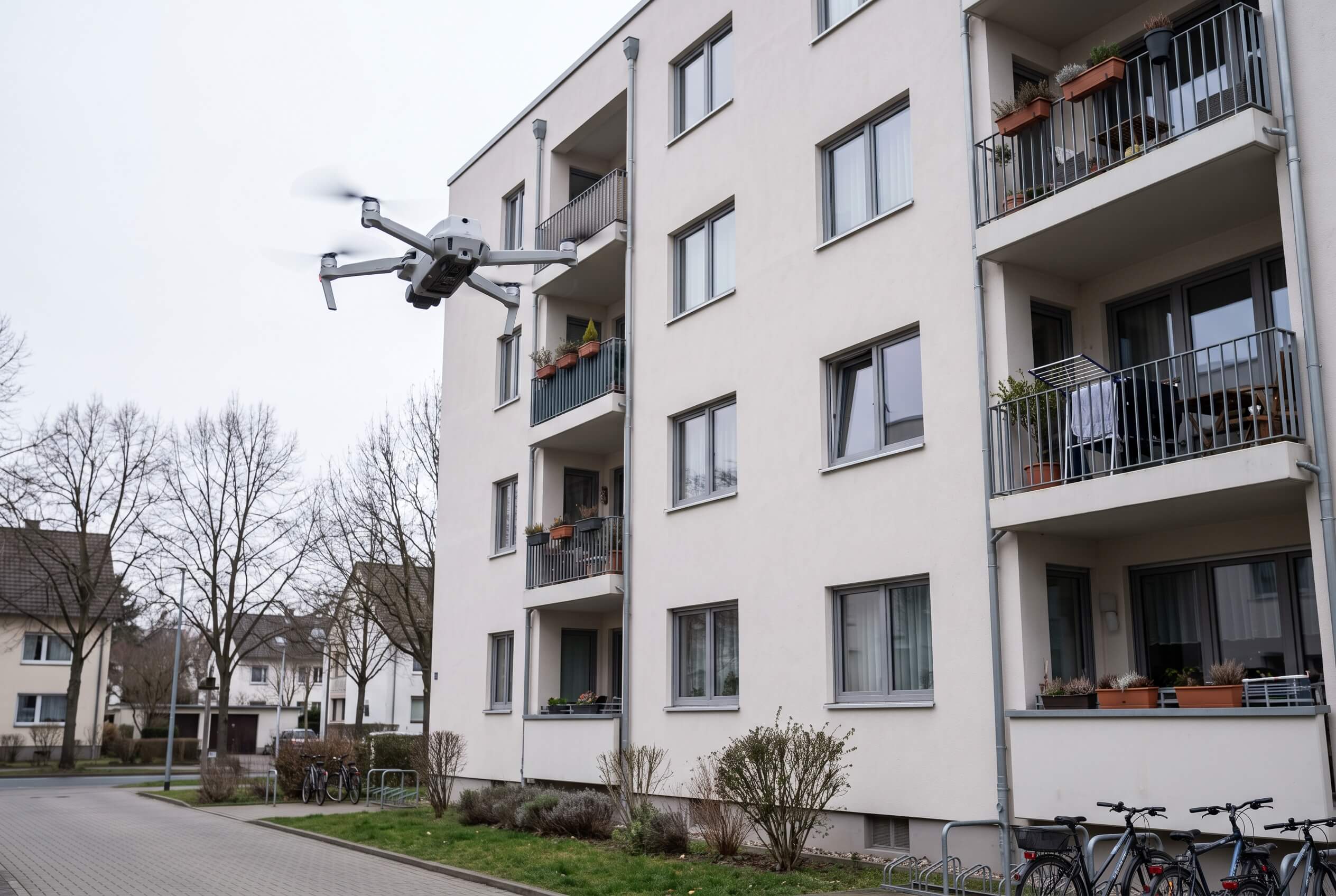 Inspektionsdrohne im Flug nahe einer Wohnhausfassade