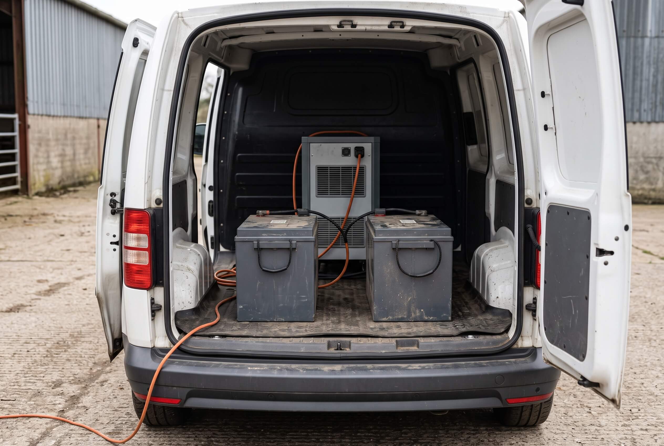 Zwei Industrieakkus und ein Ladegerät im Laderaum eines Transporters