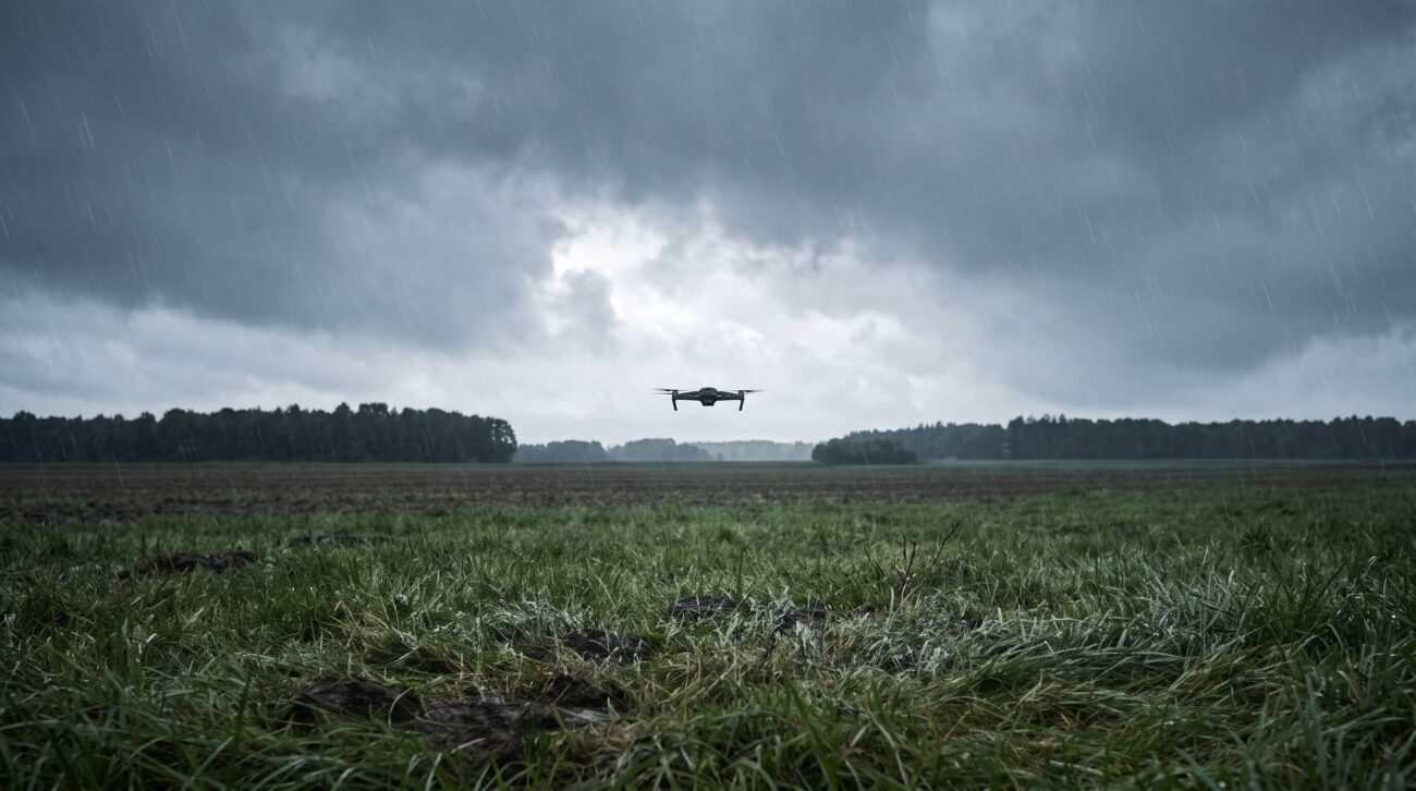 Kompakte Profi-Drohne im Regen über einem Feld vor Gewitterhimmel
