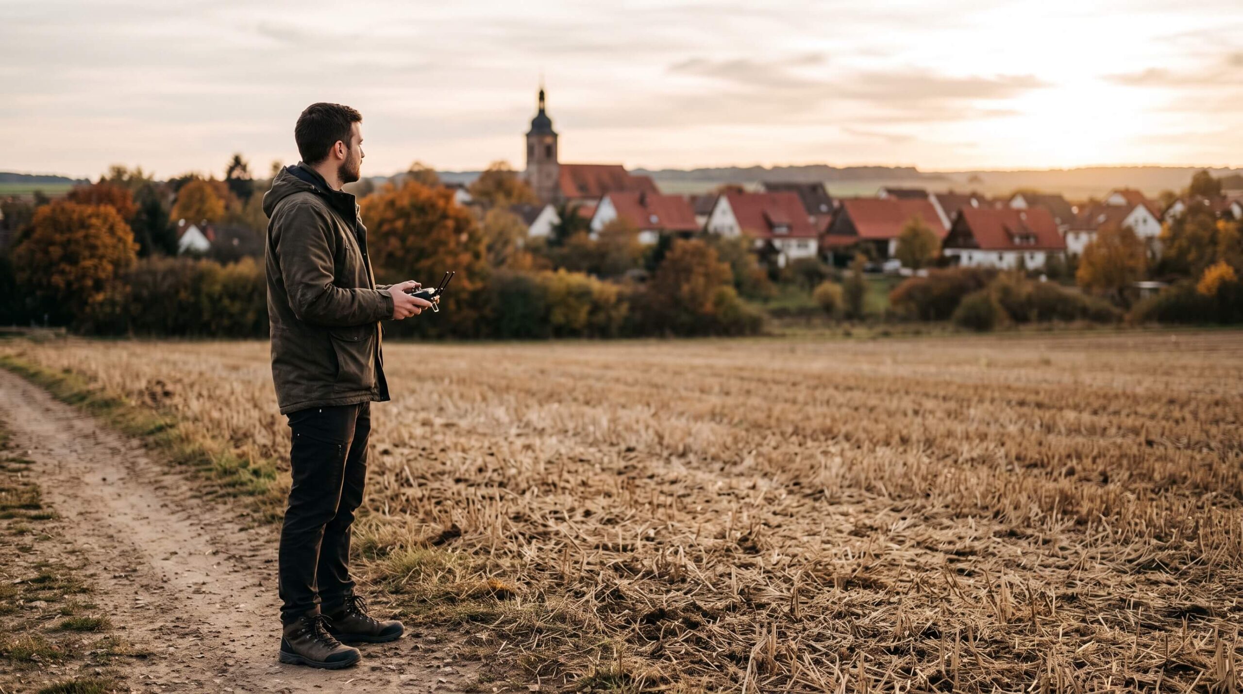 Drohnenpilot am Feldrand mit Ortschaft im Hintergrund