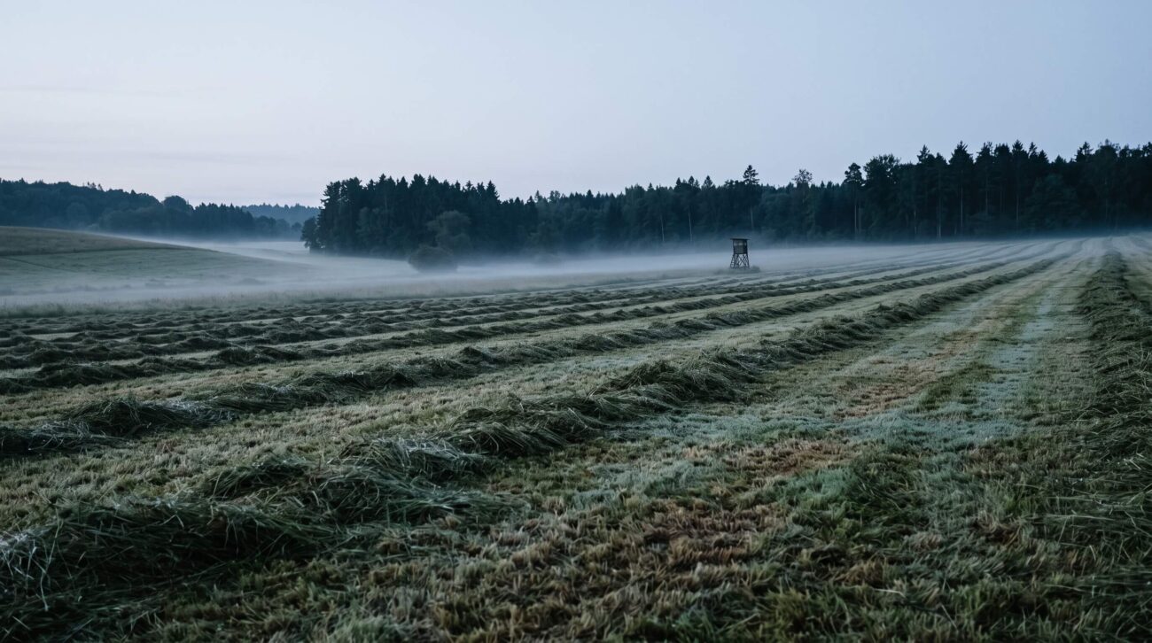 Gemähte Wiese im Morgennebel mit Hochsitz am Waldrand