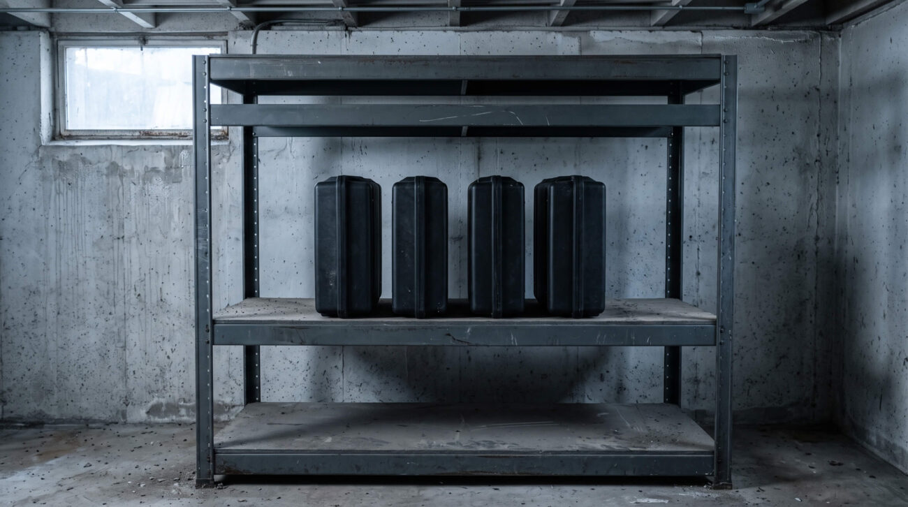 Metallregal mit schwarzen Transportkoffern in einem kühlen Lagerraum