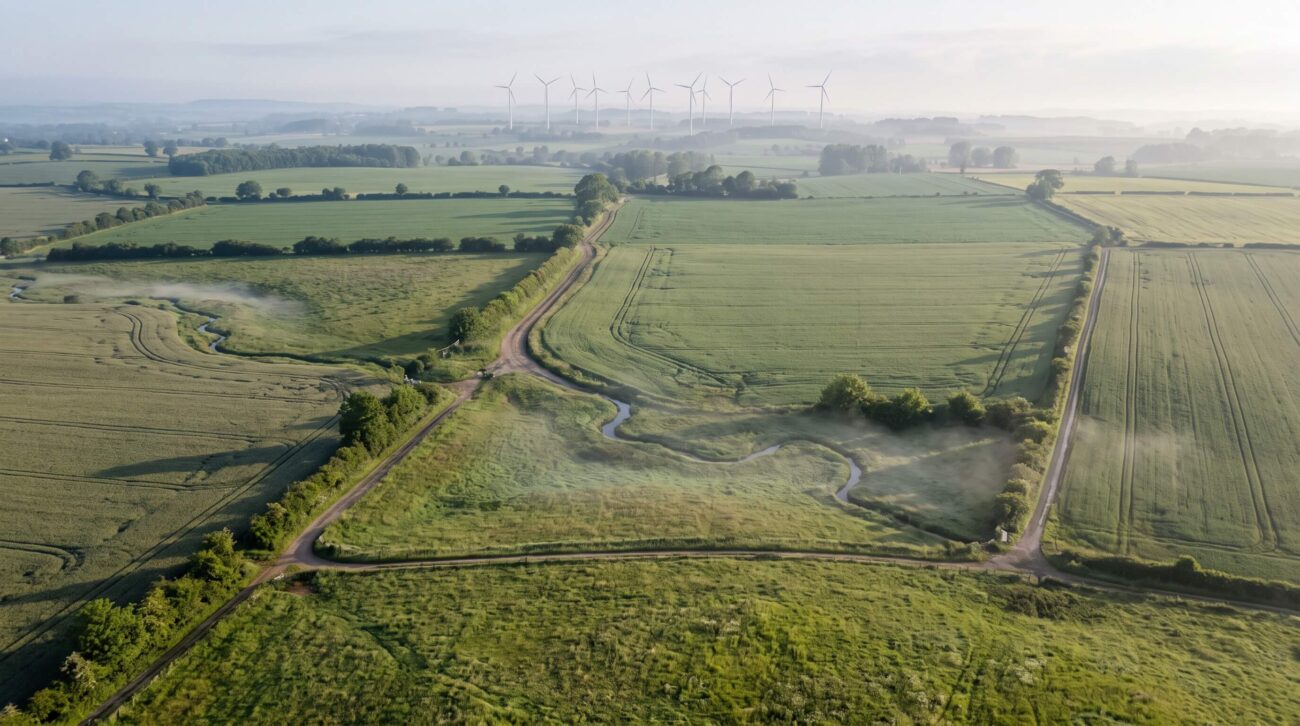 Luftaufnahme einer Feldlandschaft im Morgenlicht