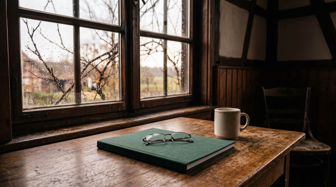 Schreibtisch mit Mappe und Lesebrille am Fenster bei Regen