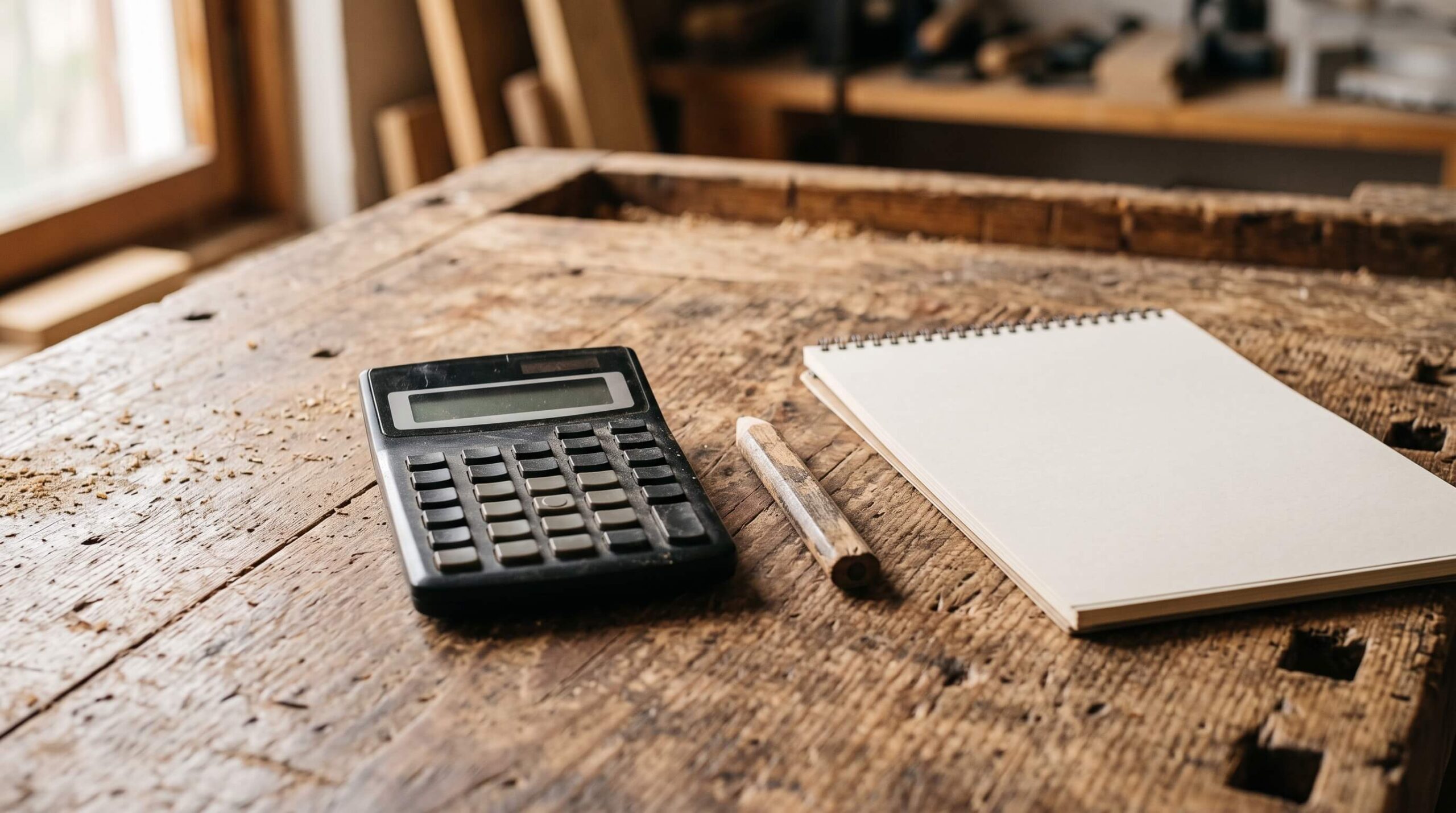 Werkbank mit Taschenrechner, Zimmermannsbleistift und leerem Notizblock