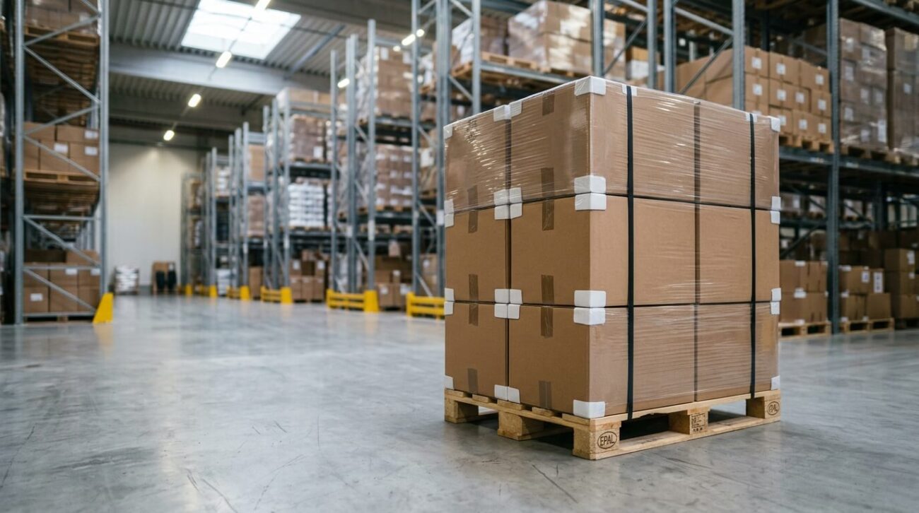Verpackte Dockingstationen auf einer Palette im Lager – DJI Dock 4 vorbestellen bei EXDED